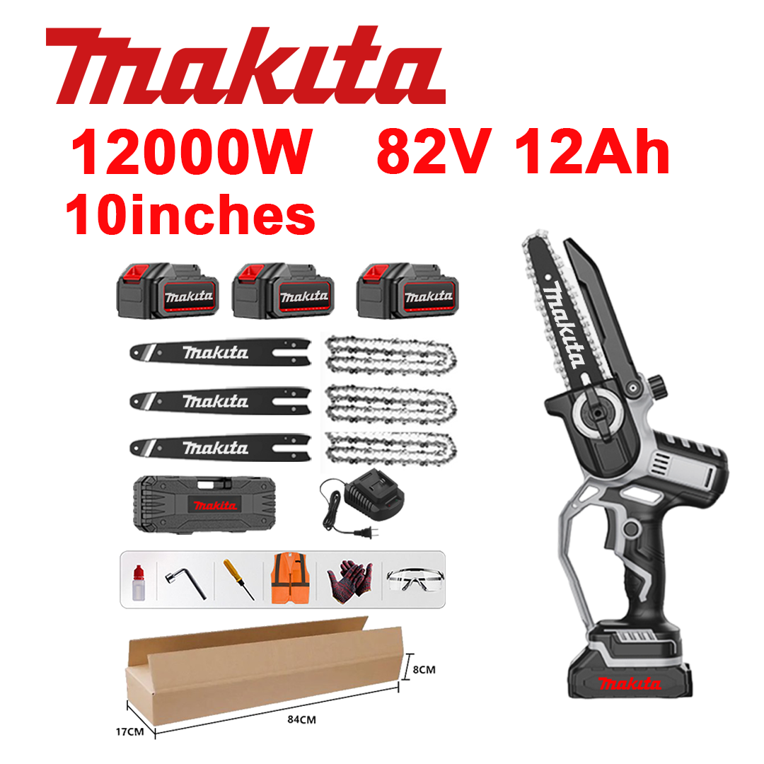 10-calowa bezszczotkowa piła litowo-jonowa, moc 12 000 W, akumulator 82 V 12,0 Ah*3, ładowarka, prowadnica*3, łańcuch*3, skrzynka narzędziowa, olej smarujący i okulary ochronne, pięcioletnia gwarancja