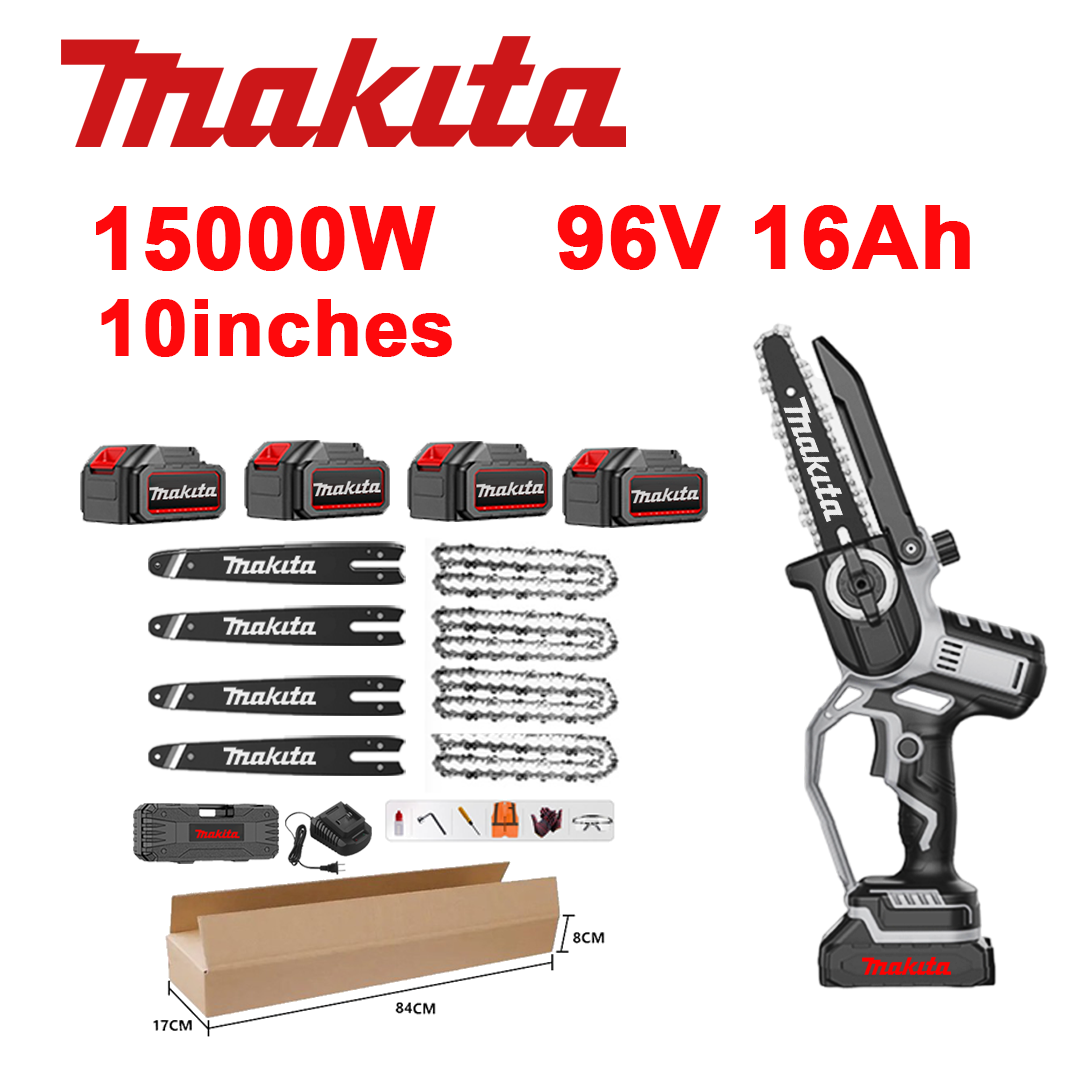 10-calowa bezszczotkowa piła litowo-jonowa, moc 15 000 W, akumulator 96 V 16,0 Ah*4, ładowarka, prowadnica*4, łańcuch*4, skrzynka narzędziowa, olej smarujący i okulary ochronne, pięcioletnia gwarancja