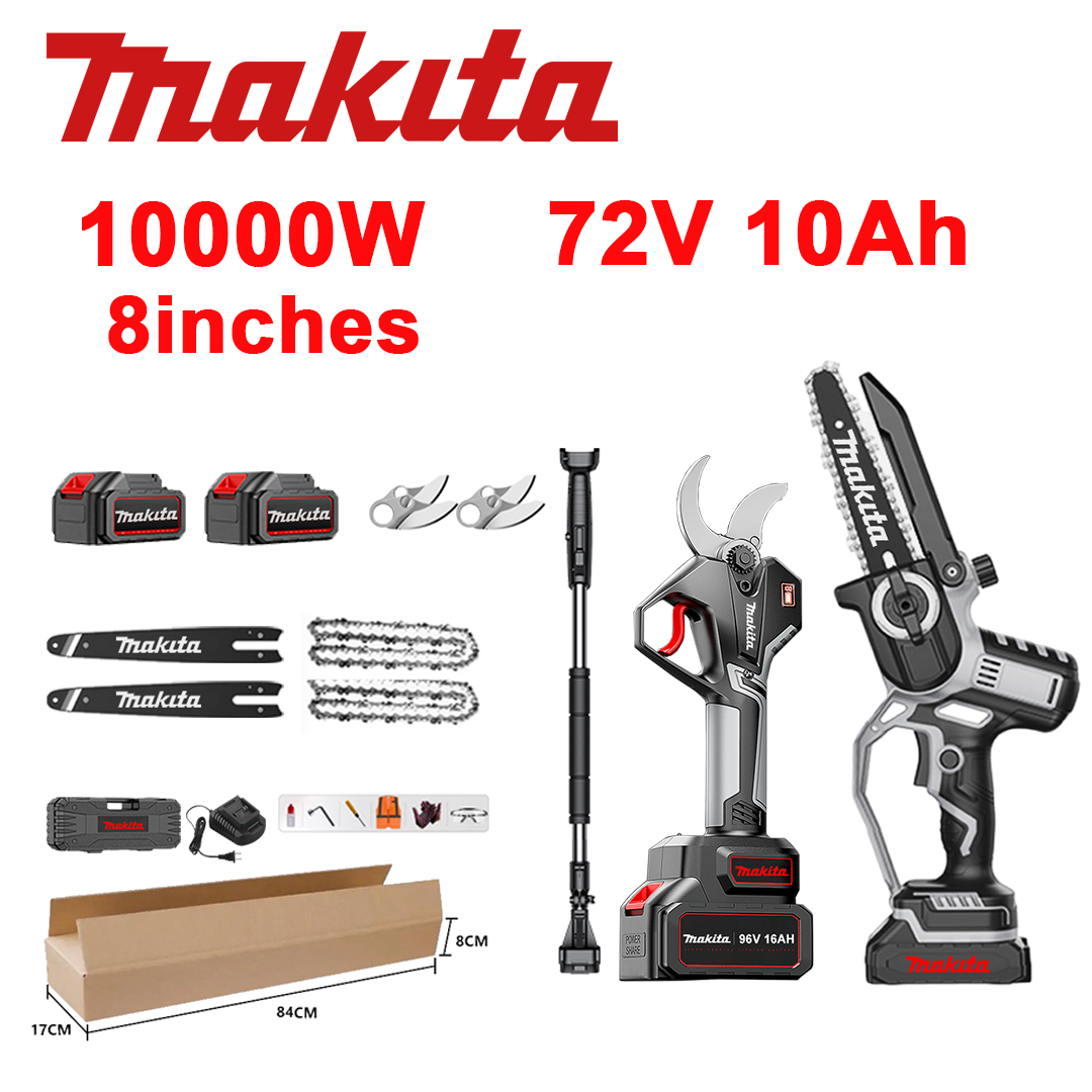 Wskaźnik zasilania LED (czas pracy baterii: 10 godzin). 8-calowa piła litowo-jonowa o mocy 10 000 W + sekator + akumulator 72 V 10,0 Ah*2 + ładowarka + prowadnice *2 + łańcuchy *2 + ostrza ze stopu SK9 *2 + drążek teleskopowy *1 (teleskopowy 150 cm-450 cm) + skrzynka narzędziowa + 0 olejów bezpieczeństwa.