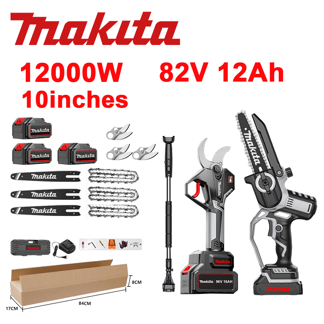 Wskaźnik napięcia LED (czas pracy baterii: 18 godzin). 10-calowa piła litowo-jonowa o mocy 12000 W + sekator + akumulator 82 V 12,0 Ah*3 + ładowarka + prowadnice*3 + łańcuchy*3 + ostrza ze stopu SK9*3 + prowadnica teleskopowa*1 (teleskopowa od 150 cm do 450 cm) + narzędzie do ochrony olejem.