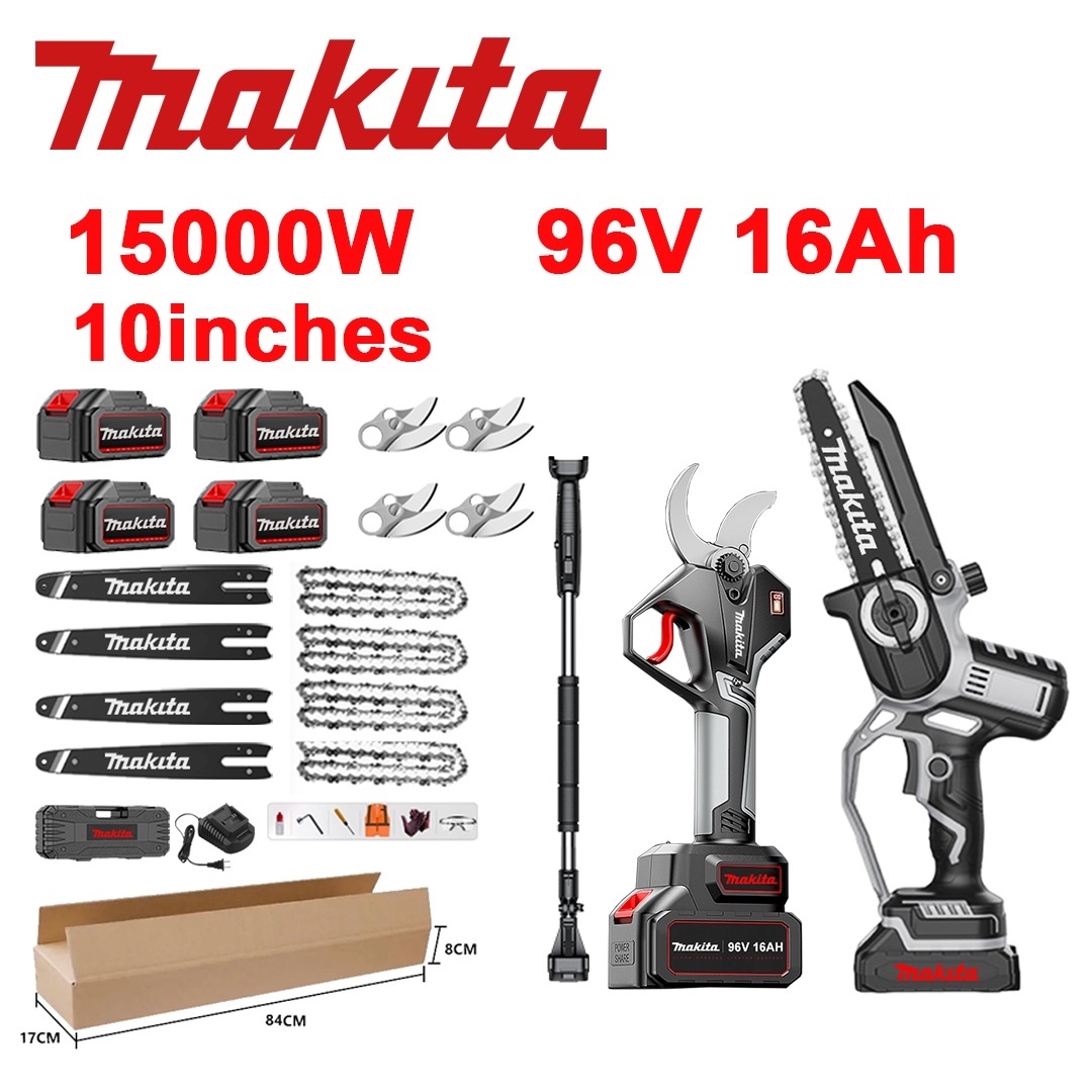 Wskaźnik napięcia LED (czas pracy baterii: 36 godzin). 10-calowa piła litowo-jonowa o mocy 15 000 W + sekator + akumulator 96 V 16,0 Ah*4 + ładowarka + prowadnice *4 + łańcuchy *4 + ostrza ze stopu SK9 *4 + drążek teleskopowy *1 (rozkładany z 150 cm do 450 cm) + 1 narzędzie zabezpieczające.