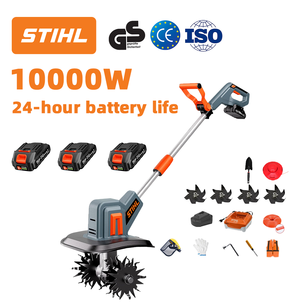 (Żywotność baterii 24 godziny) Pług 10000 W + bateria litowa 96 V * 3 + szybka ładowarka * 1 + łopata * 1 + ostrze uprawowe * 4 + tarcza tnąca * 1 + linka tnąca * 1 + różne akcesoria