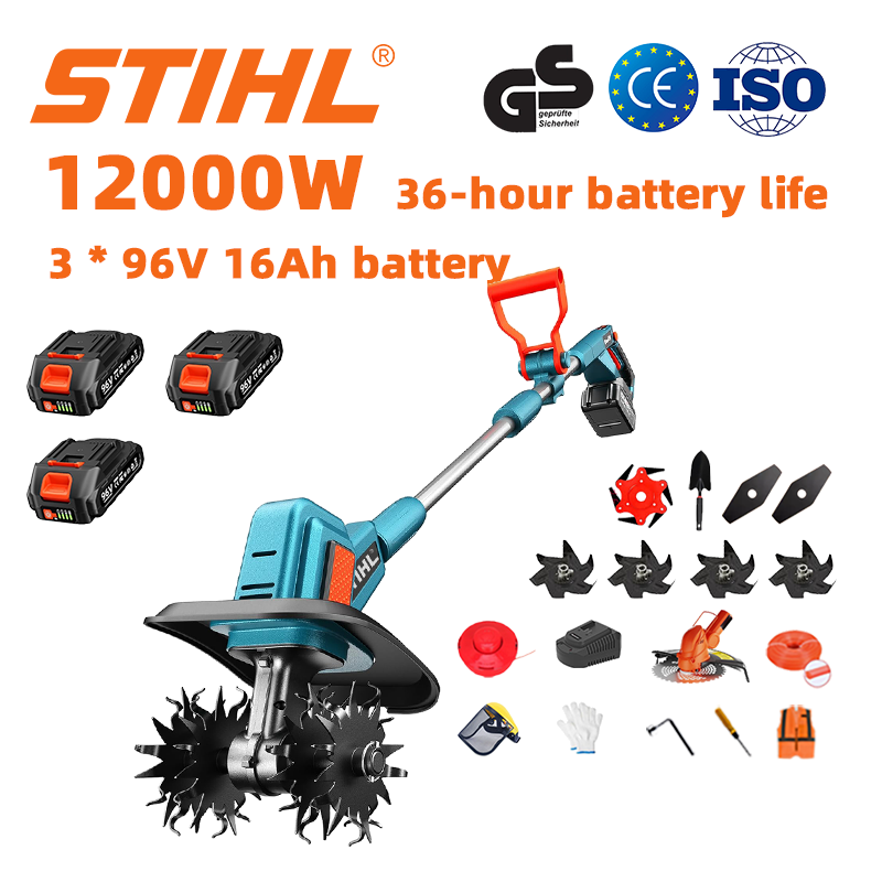 (Żywotność baterii 36 godzin) Pług 12000 W + bateria litowa 96 V 16 Ah * 3 + szybka ładowarka * 1 + łopata * 1 + ostrze proste * 2 + ostrze pługa * 4 + ostrze piły ze stopu * 1 + ostrze tnące * 1 + lina tnąca * 1 + różne akcesoria