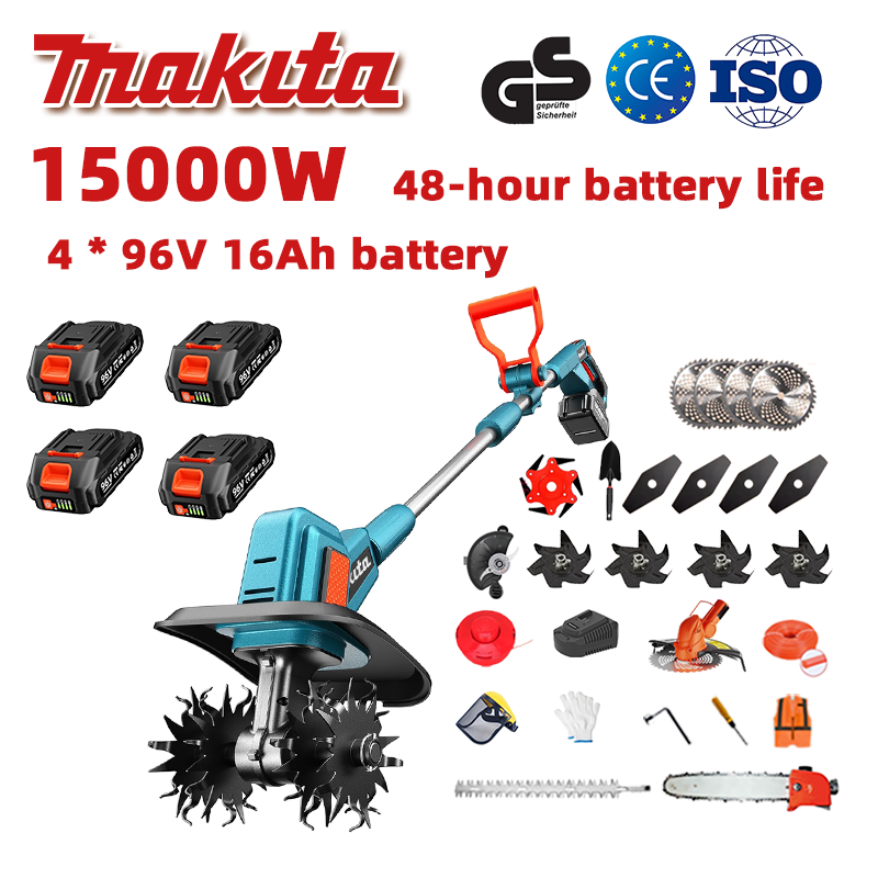 (Żywotność baterii 48 godzin) Pług 15000 W + akumulator litowy 96 V 16 Ah * 4 + ostrze * 4 + piła * 1 + głowica tnąca do żywopłotu * 1 + szybka ładowarka * 1 + łopata * 1 + proste ostrze * 4 + ostrze do pługa * 4 + ostrze do piły ze stopu * 1 + ostrze do koszenia * 1 + linka tnąca * 1 + różne akcesoria